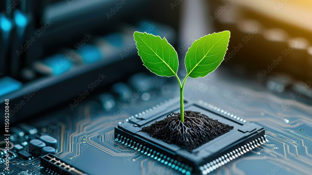 Poster a sapling sprouting from a computer motherboard, symbolizing tech-driven environmental regeneration.