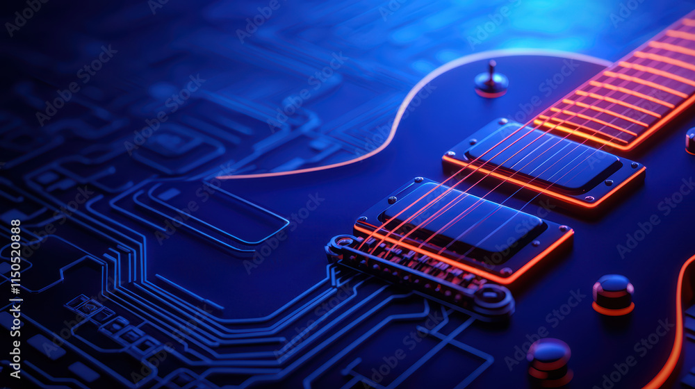 Poster close up of 3d guitar with glowing strings on circuit board background, showcasing vibrant colors an