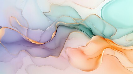 Delicate pastel tones of mint green and lavender ripple with flowing lines of peach and rose gold, creating a serene abstract composition