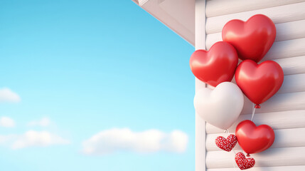 Colorful heart shaped balloons decorate house exterior, creating cheerful atmosphere