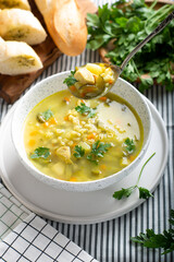 Soup with pickled cucumber and pearl barley in a bowl, on a light background. Pickle in a plate on the table. Rassolnik