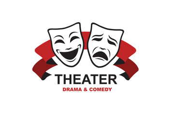 icon of comedy and tragedy theatrical masks with ribbon isolated on white background