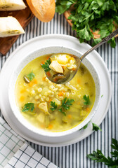 Soup with pickled cucumber and pearl barley in a bowl, on a light background. Pickle in a plate on the table. Rassolnik