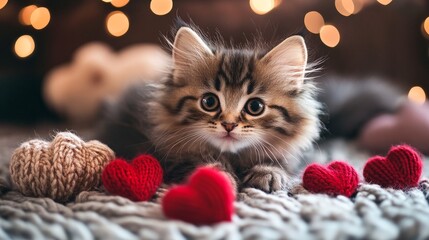 A fluffy long-haired tabby kitten lies on a chunky knit blanket surrounded by red and tan knitted hearts.