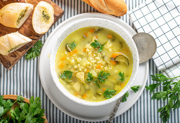 Soup with pickled cucumber and pearl barley in a bowl, on a light background. Pickle in a plate on the table. Rassolnik