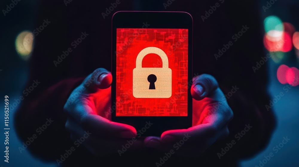 Poster a smartphone displaying a red lock symbol against a blurred background, representing digital securit