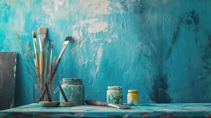 Artistic workspace with paintbrushes, jars of paint, and a textured teal wall.