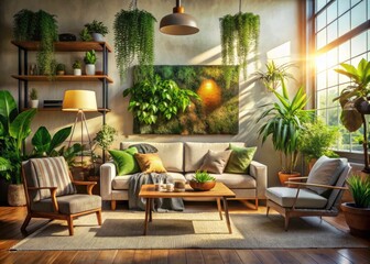 Obraz premium Transform your living room with cozy plant-filled décor and blank canvas wall art.
