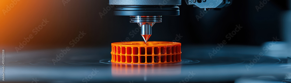 Poster close up of 3d printer creating intricate orange object, showcasing precision and technology in acti