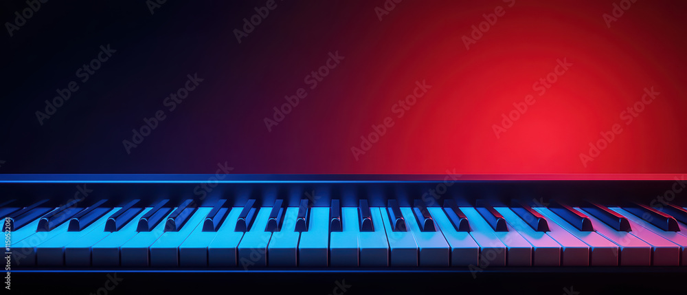 Poster close up of piano keyboard with floating keys, illuminated by vibrant blue and red lights, creating 