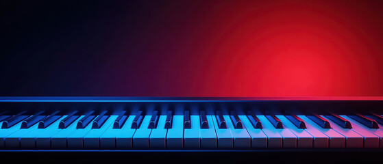 close up of piano keyboard with floating keys, illuminated by vibrant blue and red lights, creating dramatic atmosphere