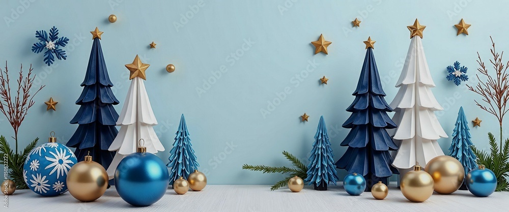 Poster a blue background with a row of white trees and gold balls. the trees are decorated with balls and t
