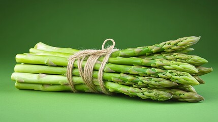 A bundle of asparagus spears tied with twine on a green background.