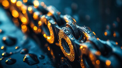 A close-up view of a chain with water droplets on it.