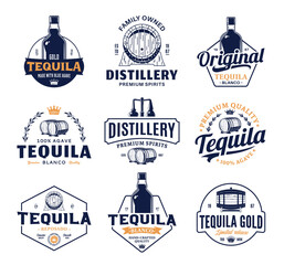 Vector blue and gold tequila logo. Tequila and distilling business branding and identity design elements