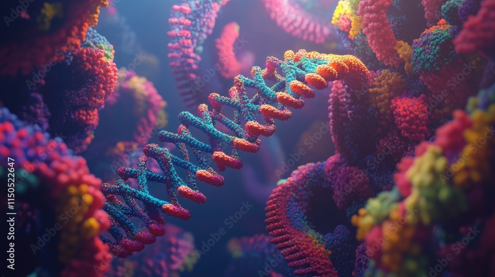 Poster vibrant 3d illustration of a dna double helix with multicolored strands, representing the complexity