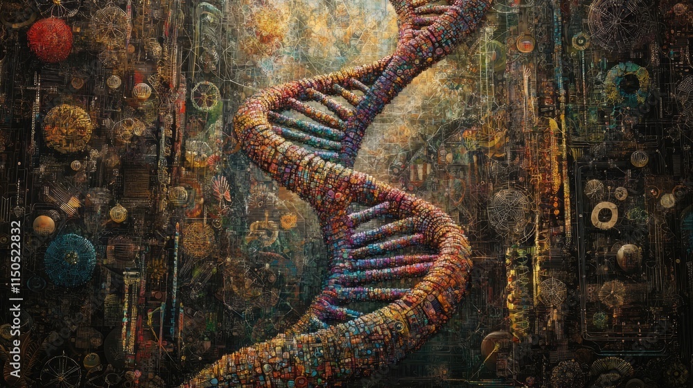 Poster vibrant 3d illustration of a dna double helix with multicolored strands, representing the complexity