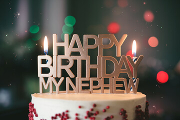 Happy Birthday my nephew in sleek gold letters, with "my nephew" in small text, set against blurred green and red bokeh with subtle light sparkles, creating a cheerful and festive design.

