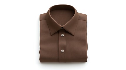 A folded brown dress shirt lies on a white surface.