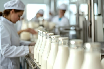 Skilled workers in white uniforms carefully fill glass bottles with fresh milk at a dairy plant