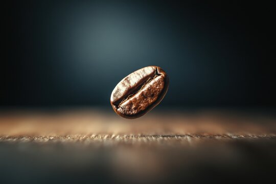 Single Coffee Bean on Smooth Wooden Surface with Dramatic Side Lighting and Dark Blurred Background for Elegant Visual Appeal