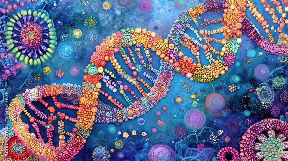 Poster vibrant dna double helix rendered in 3d with intricate patterns, representing genetic code and molec