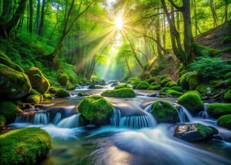 Fototapeta premium Sunlight dapples a serene forest stream, deep depth of field capturing nature's tranquility.