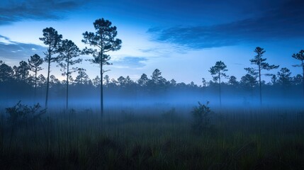 Obraz premium Misty morning forest scene with tall pines and grasses