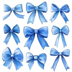 Artistic Collection of Blue Ribbons: Hand-Drawn Watercolor Bows on a Crisp White Canvas