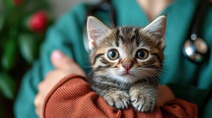 Adorable kitten in veterinarian's arms highlighting tender care and veterinary support