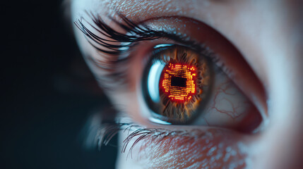 close up of cybernetic eye scanning for threats, showcasing intricate details and glowing patterns. eye reflects advanced technology and vigilance