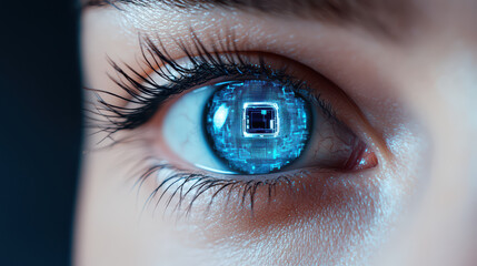Fototapeta premium close up of cybernetic eye with digital interface, showcasing advanced technology and intricate details
