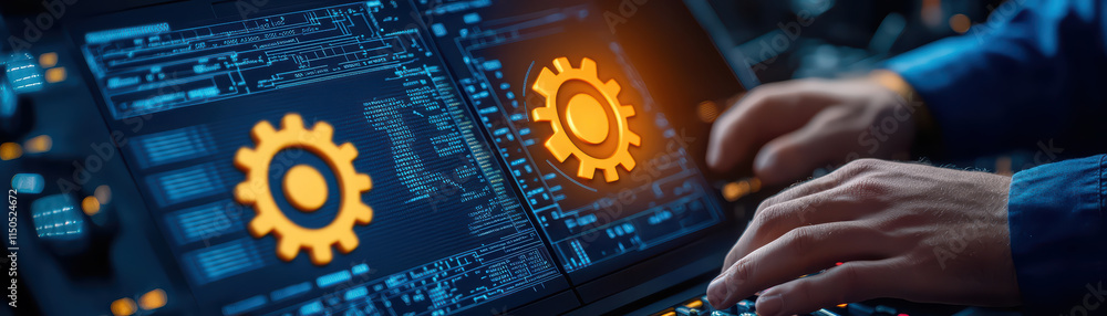 Poster factory worker operates control panel with digital displays and gears