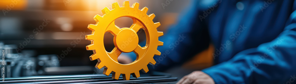 Poster close up of factory worker handling bright yellow gear in workshop. scene conveys sense of industrio