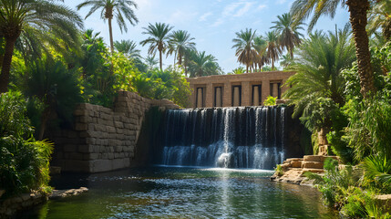 Naklejka premium A tranquil scene of the Hanging Gardens of Babylon with waterfalls flowing through terraced gardens surrounded by palm trees.