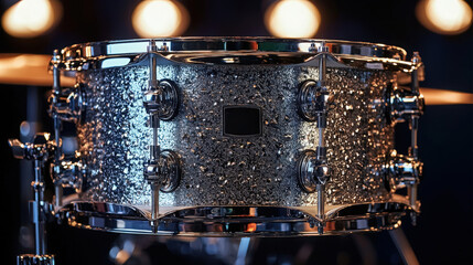 Sparkling chrome snare drum set against vibrant stage lights during a music performance