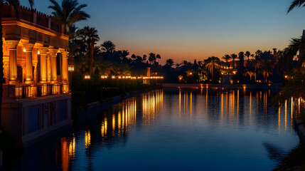 Obraz premium A tranquil view of the Hanging Gardens of Babylon at twilight with glowing lamps casting reflections on the water.