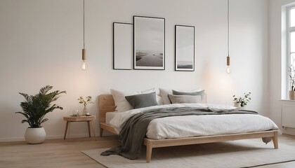 Interior of bedroom with bed, shelving unit, burning candles and houseplants near white wall home ,7