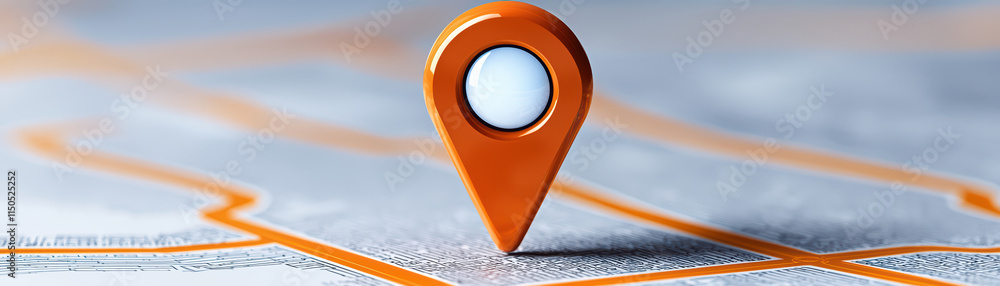 Poster close up of orange location pin on detailed map, symbolizing navigation and direction
