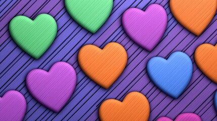Fototapeta premium Colorful heart shapes pattern on purple background digital art creative design abstract environment top view love concept