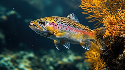 Fototapeta premium Underwater rainbow trout near vibrant coral in crystal clear water