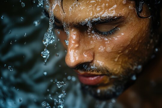 Beautiful man washing his face under flowing water in natural setting