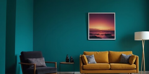 Stylish interior design of living room at apartment with mint sofa, plants, design furnitures and elegant accessories. Mock up poster frames on the shelf. Green wood panelling. Home staging. Template.