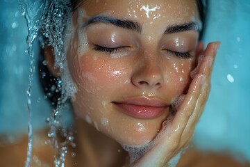 Beautiful woman in her 30s washing her face under water stream in a serene bathroom