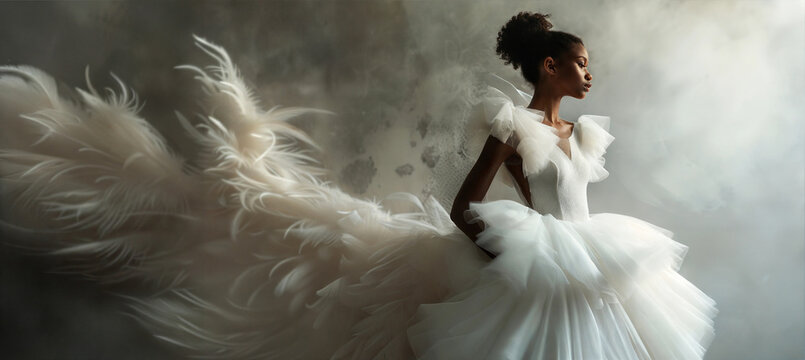 African American woman in a designer wedding dress, high fashion, haute couture, photography for a fashion magazine, for a banner, for a website