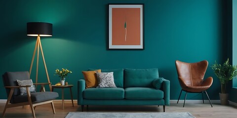 Stylish interior design of living room at apartment with mint sofa, plants, design furnitures and elegant accessories. Mock up poster frames on the shelf. Green wood panelling. Home staging. Template.