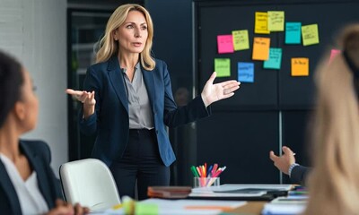 Professional businesswoman leading strategic team discussion, sharing innovative ideas during collaborative meeting in modern corporate workspace