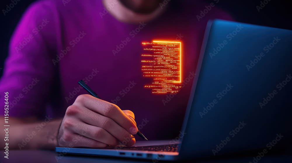 Poster programmer writing code on laptop, illuminated by glowing text