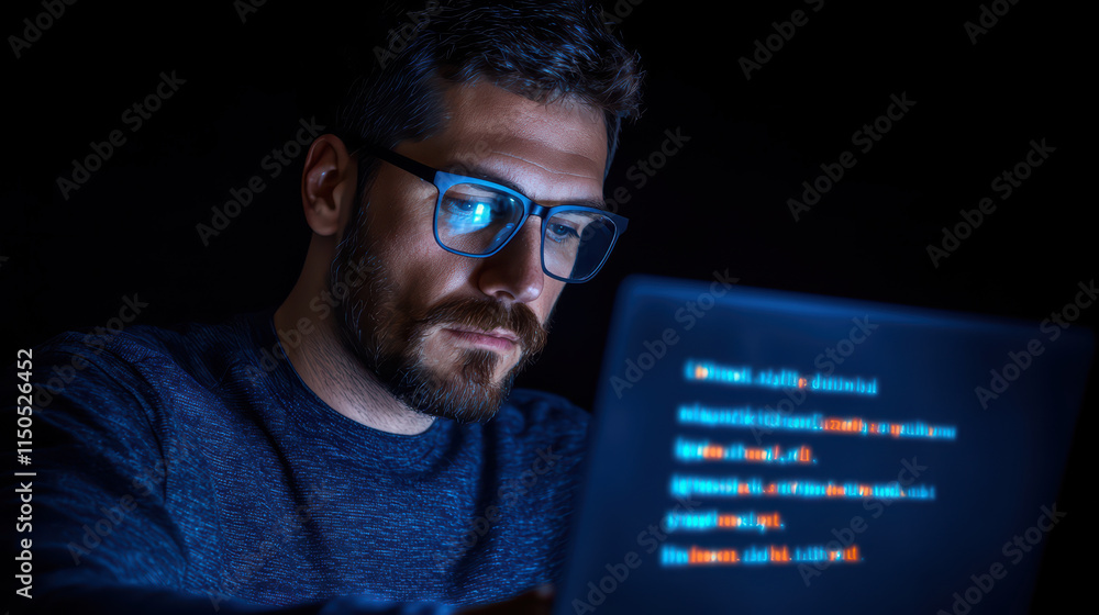 Poster focused programmer working late at night on laptop, illuminated by code