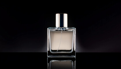 A stylish perfume bottle with a modern design, placed on a reflective surface against a dark background. Ideal for representing luxury, elegance and fragrance products